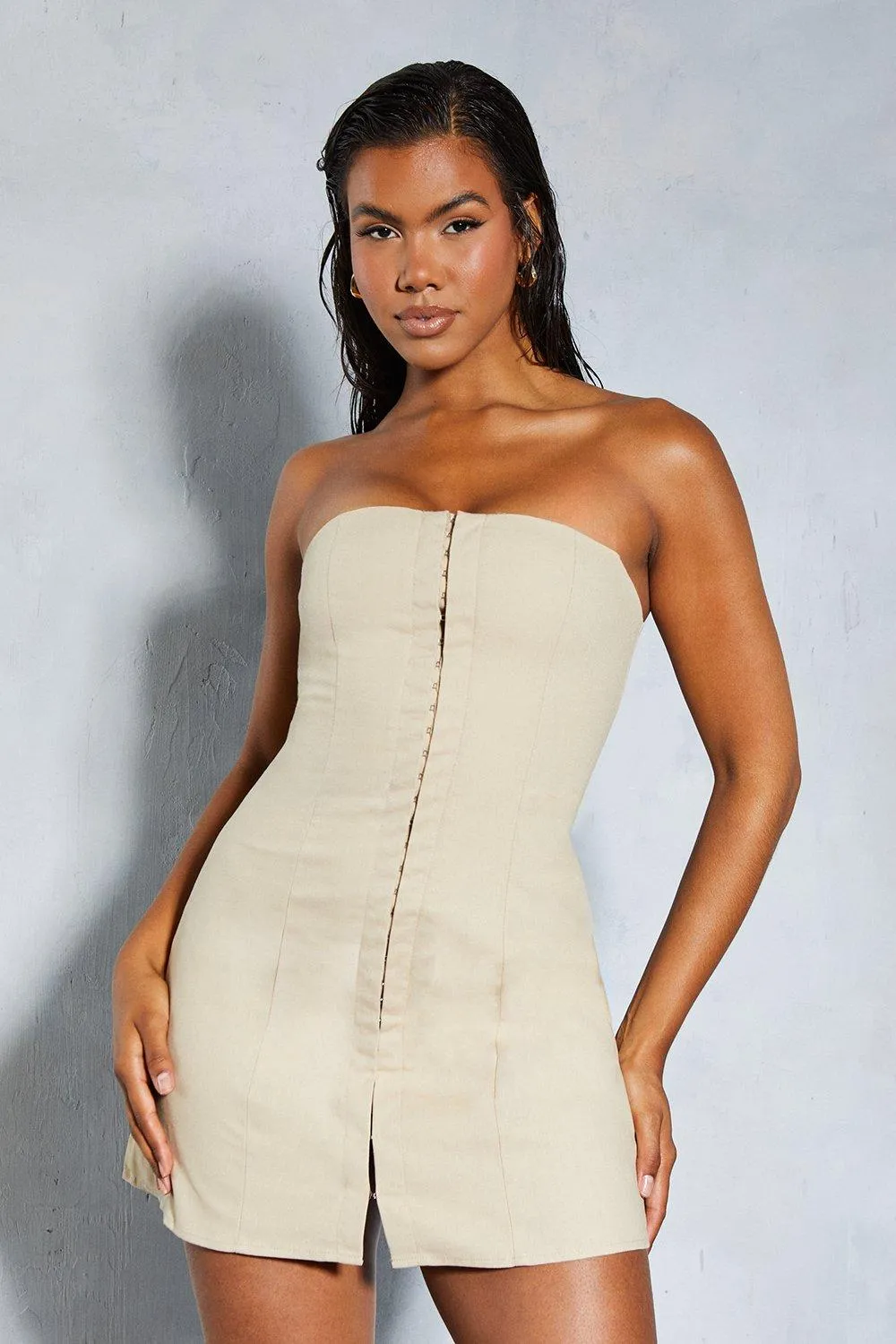 Dresses | Linen Look Hook & Eye Detail Bandeau A-line Mini Dress | MissPap