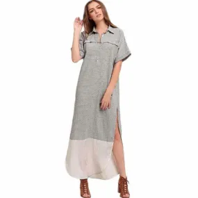 EuropeanTrendy   Dresses Women Long Short Sleeveless Stripe Splice Lapel Ladies Beach Sundress Shirt Dress Female GS