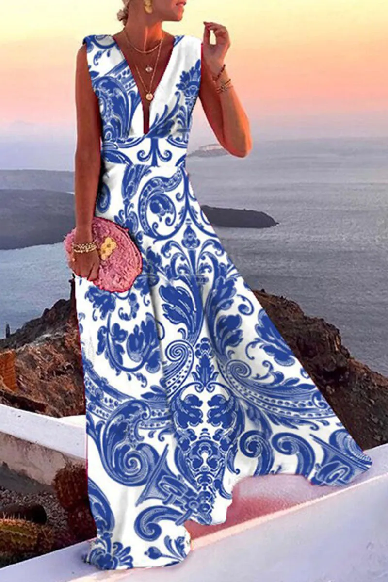 Fashion Simplicity Print Split Joint V Neck A Line Dresses(5 colors)