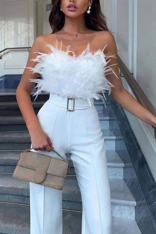 Feather Trim Solid Jumpsuit