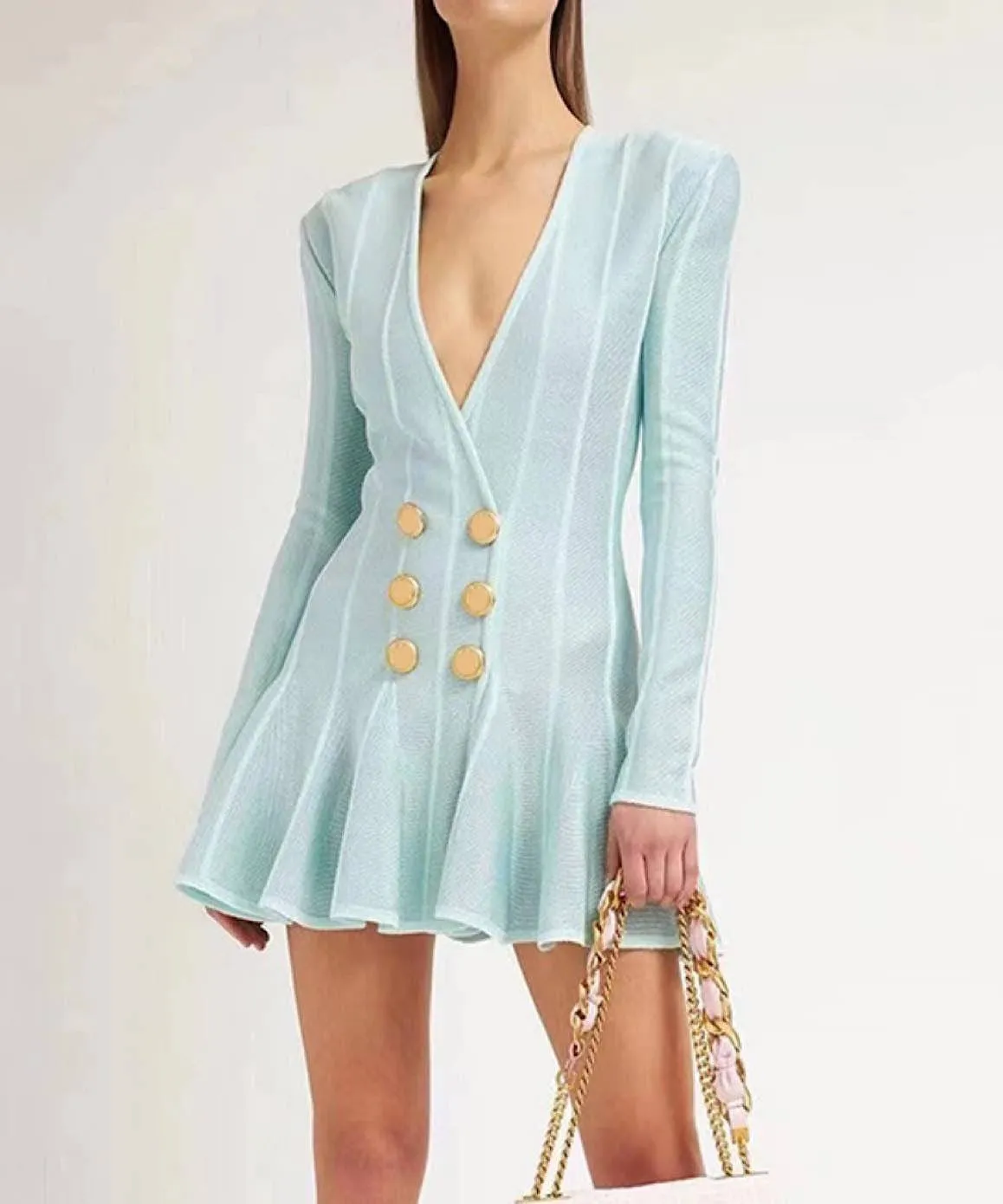 Flared Deep Cleavage Knitted Mini Dress in Sky Blue