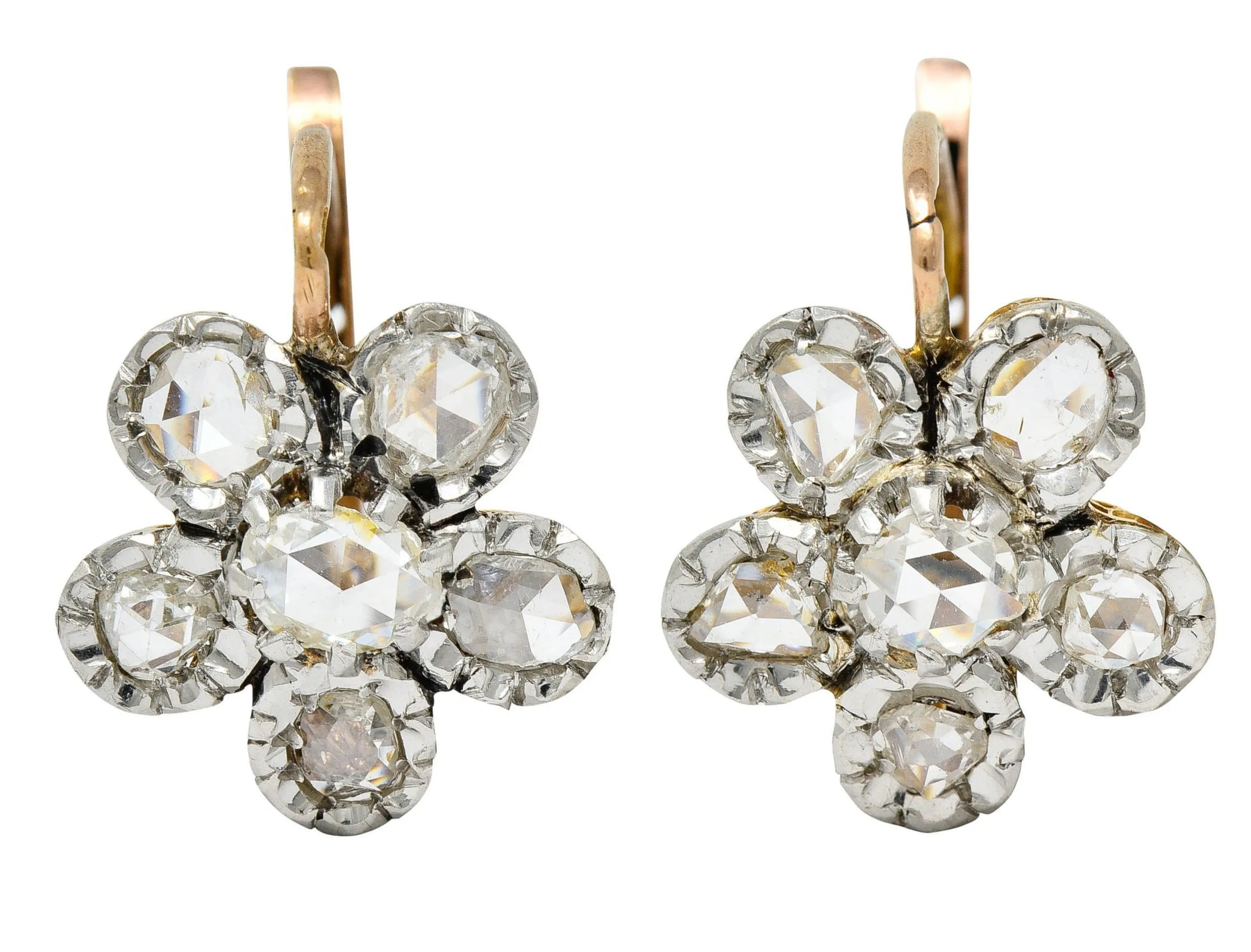 French Edwardian 1.45 CTW Diamond Platinum-Topped 18 Karat Gold Floral Cluster Earrings