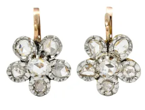 French Edwardian 1.45 CTW Diamond Platinum-Topped 18 Karat Gold Floral Cluster Earrings