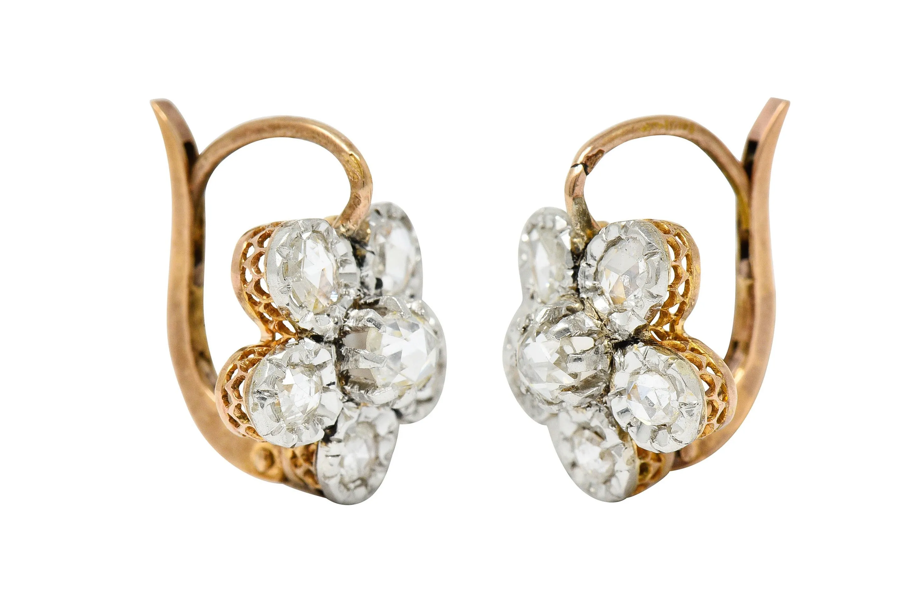 French Edwardian 1.45 CTW Diamond Platinum-Topped 18 Karat Gold Floral Cluster Earrings