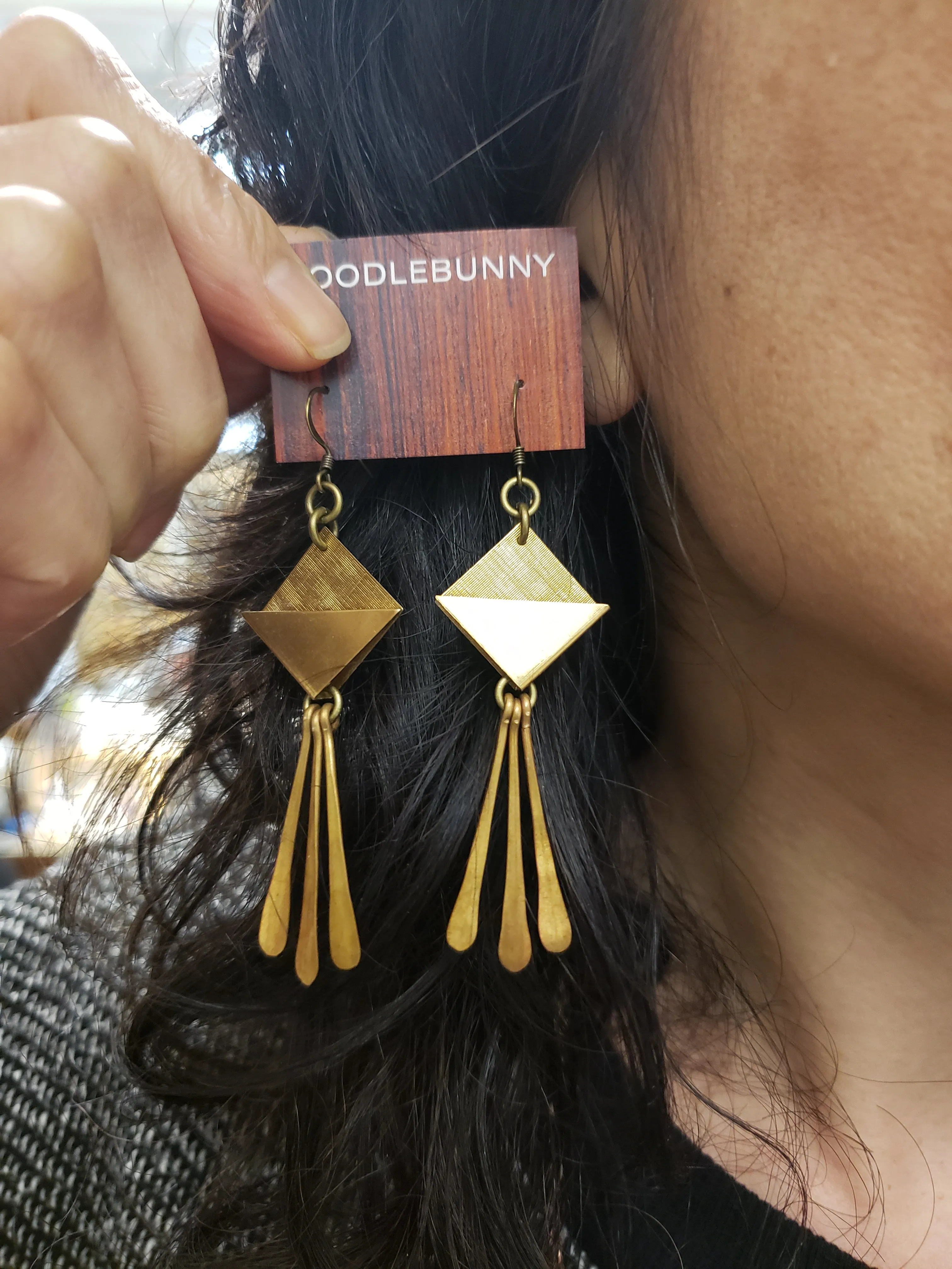 Geometric brass paddle fringe earrings