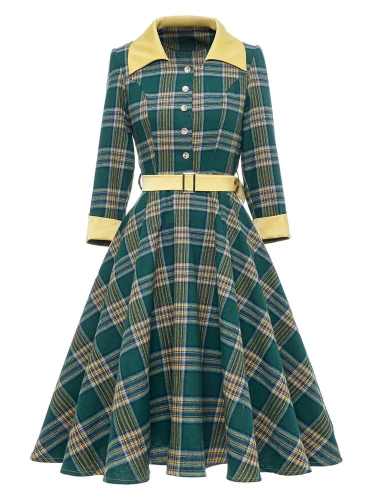 Green Plaid Midi Vintage Women 3/4 Length Sleeve Button Up Autumn 50s Ladies Elegant Swing Dresses