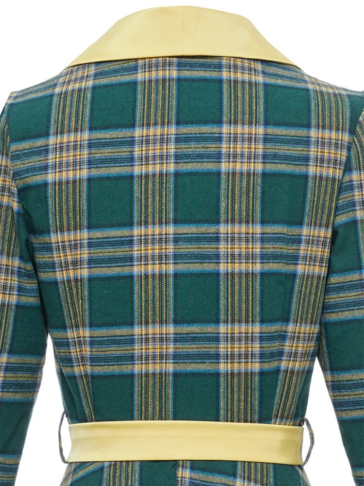 Green Plaid Midi Vintage Women 3/4 Length Sleeve Button Up Autumn 50s Ladies Elegant Swing Dresses