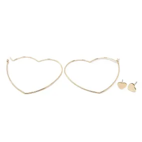 Heart Hoop Stud Earrings Set of Two Gold Tone