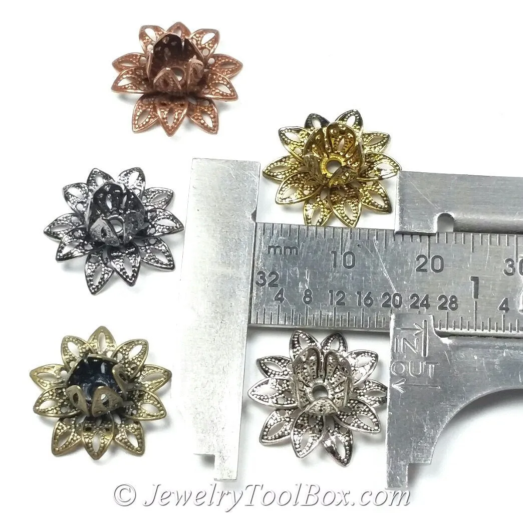 Hematite Black Filigree Flower Bead Caps, Multiple Layer, Bendable, Moldable, 2mm Hole, Lot Size 100, #2054 B