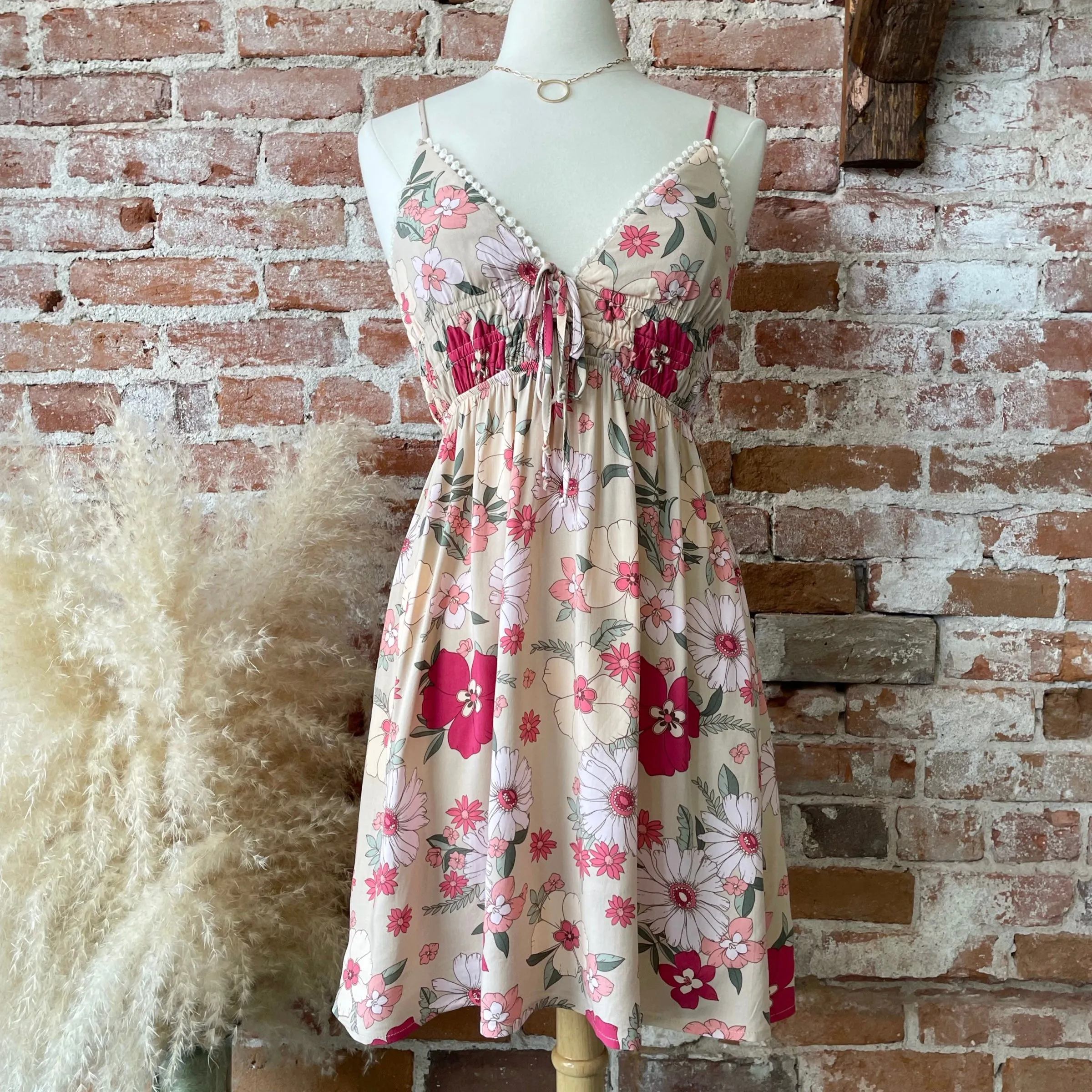 Here With You Floral Print Crochet Trim Dress