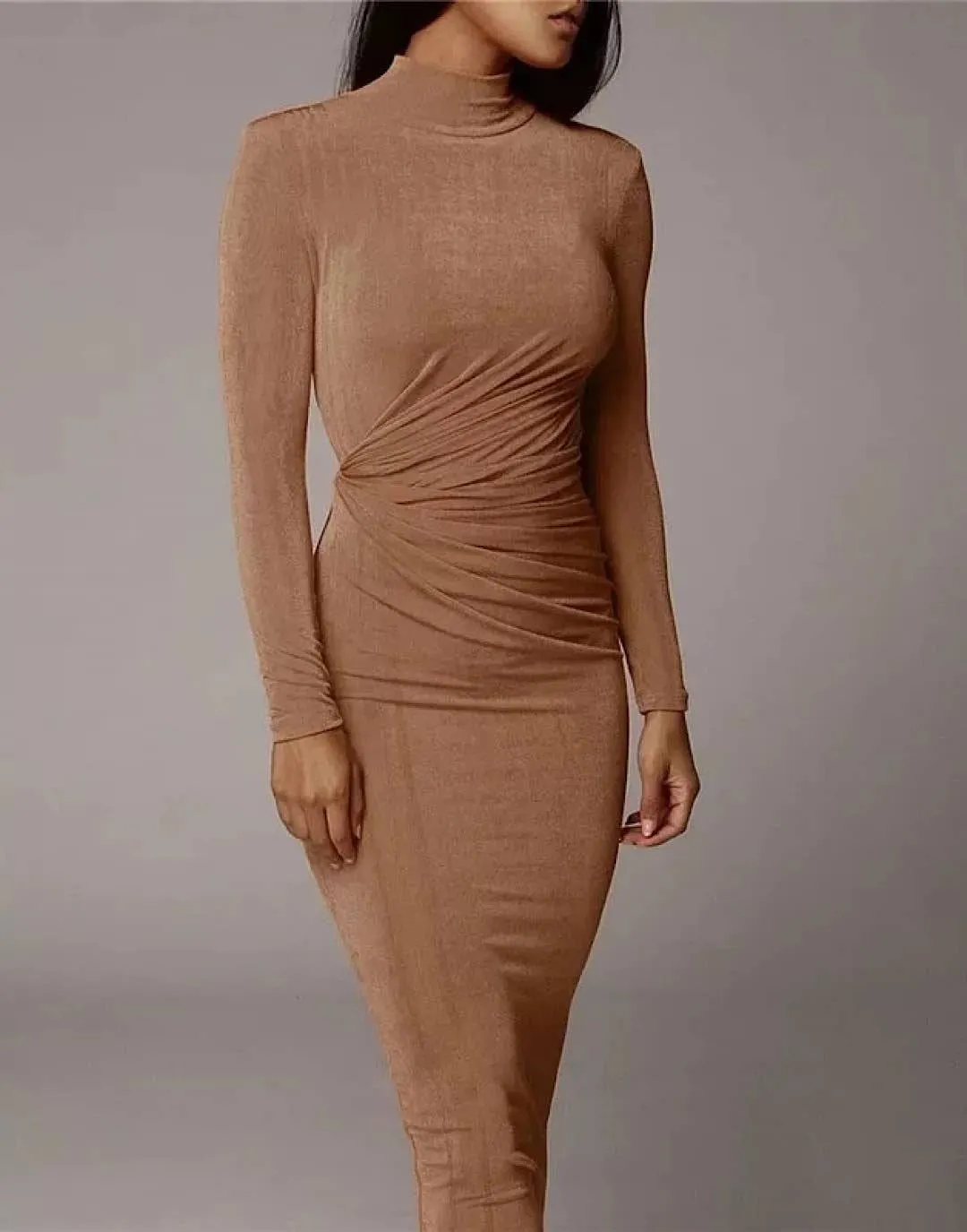 High Neck Bodycon Ruched Dress