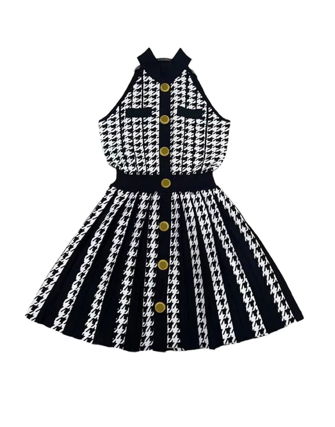 Houndstooth Pattern Halter Knit Dress