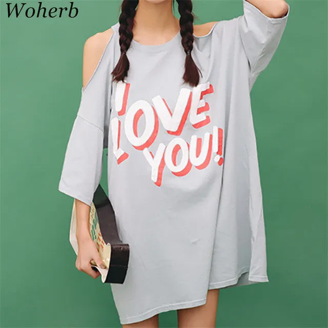 I Love You Letter Print New  Fashion Summer Harajuku Women Vestidos Hollow Out Short Sleeve Dress Plus Size Loose Dresses GS