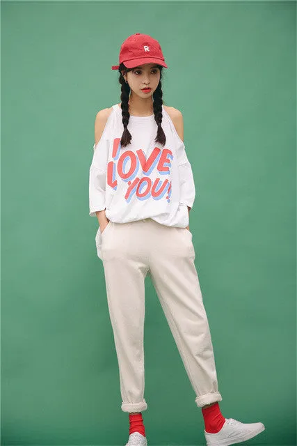 I Love You Letter Print New  Fashion Summer Harajuku Women Vestidos Hollow Out Short Sleeve Dress Plus Size Loose Dresses GS