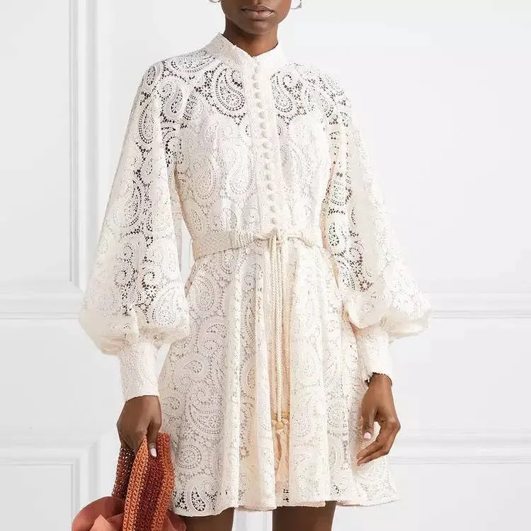 Ivory Paisley Lace Big Sleeve Belted Dress