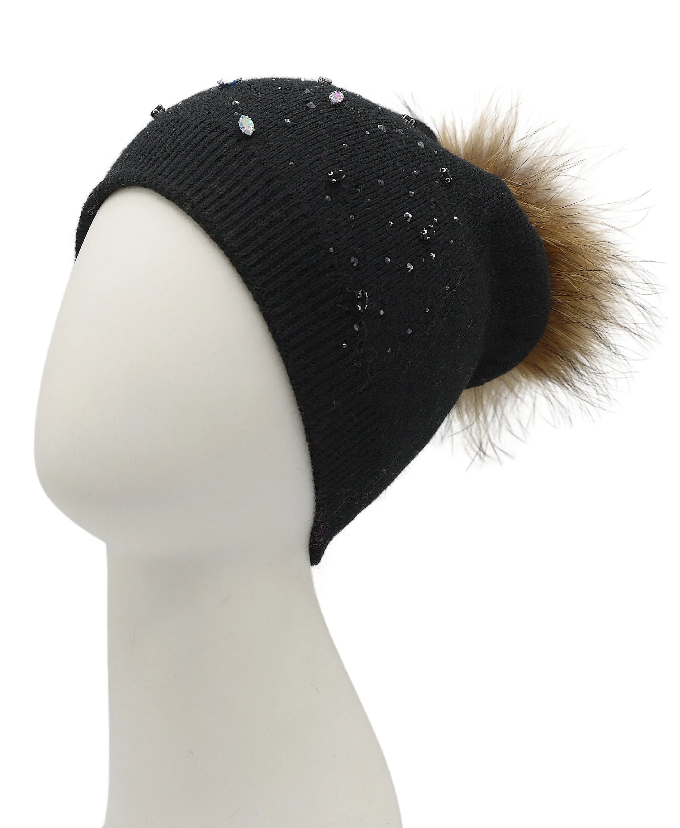 Jeweled Wool Knit Hat w/ Fur Pom