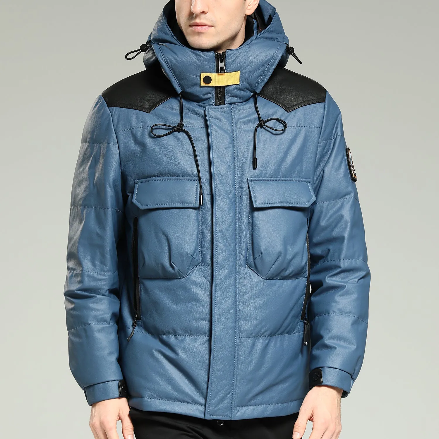 Leather Down Jacket - Men's Blue Hooded Cowhide Down Jacket