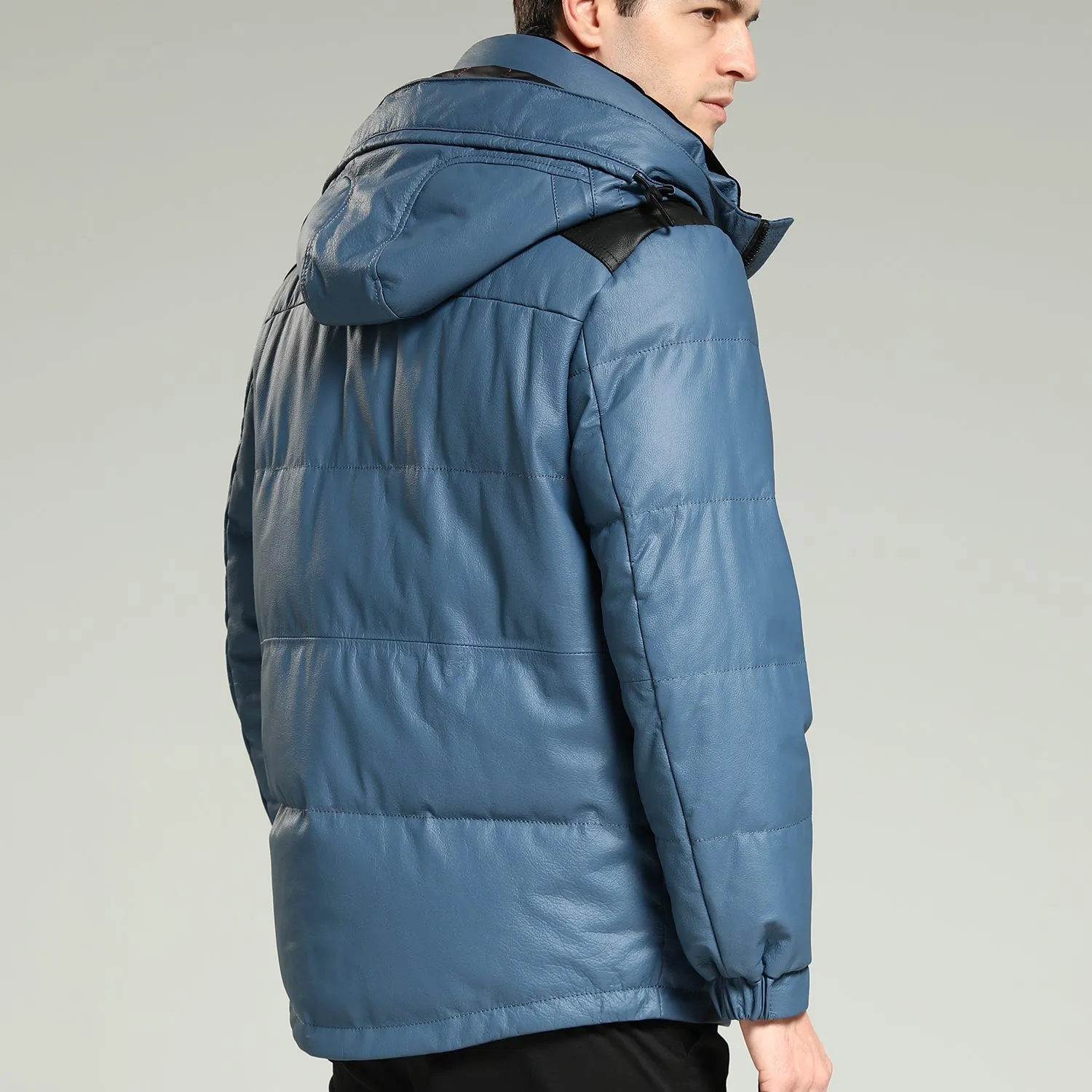 Leather Down Jacket - Men's Blue Hooded Cowhide Down Jacket