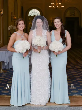 Light Blue Chiffon Mismatched Mermaid Simple Long Bridesmaid Dresses,DB136