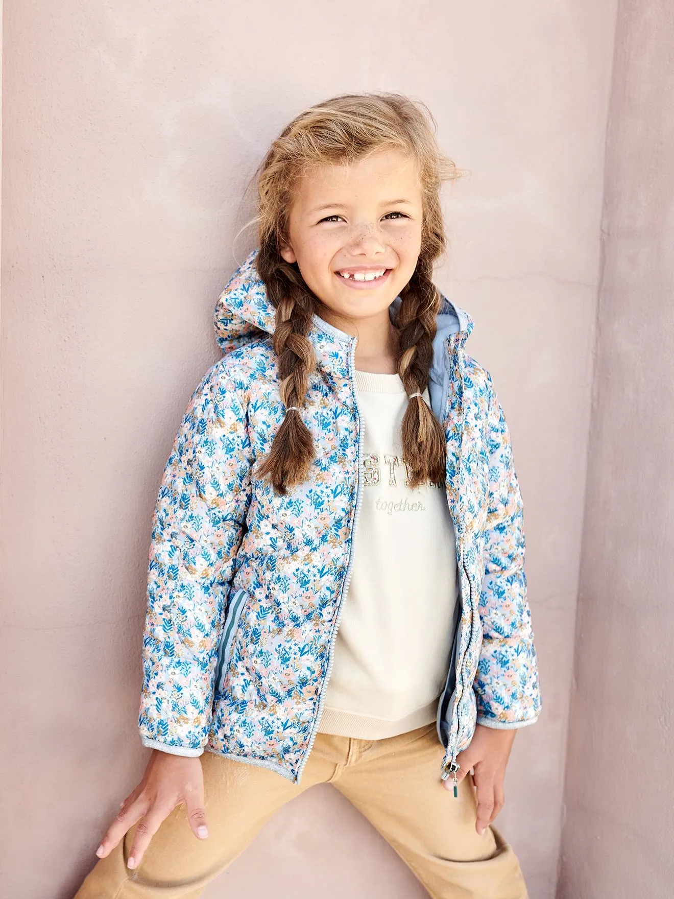 Lightweight Padded Jacket with Hood & Printed Motifs for Girls - yellow medium all over printed