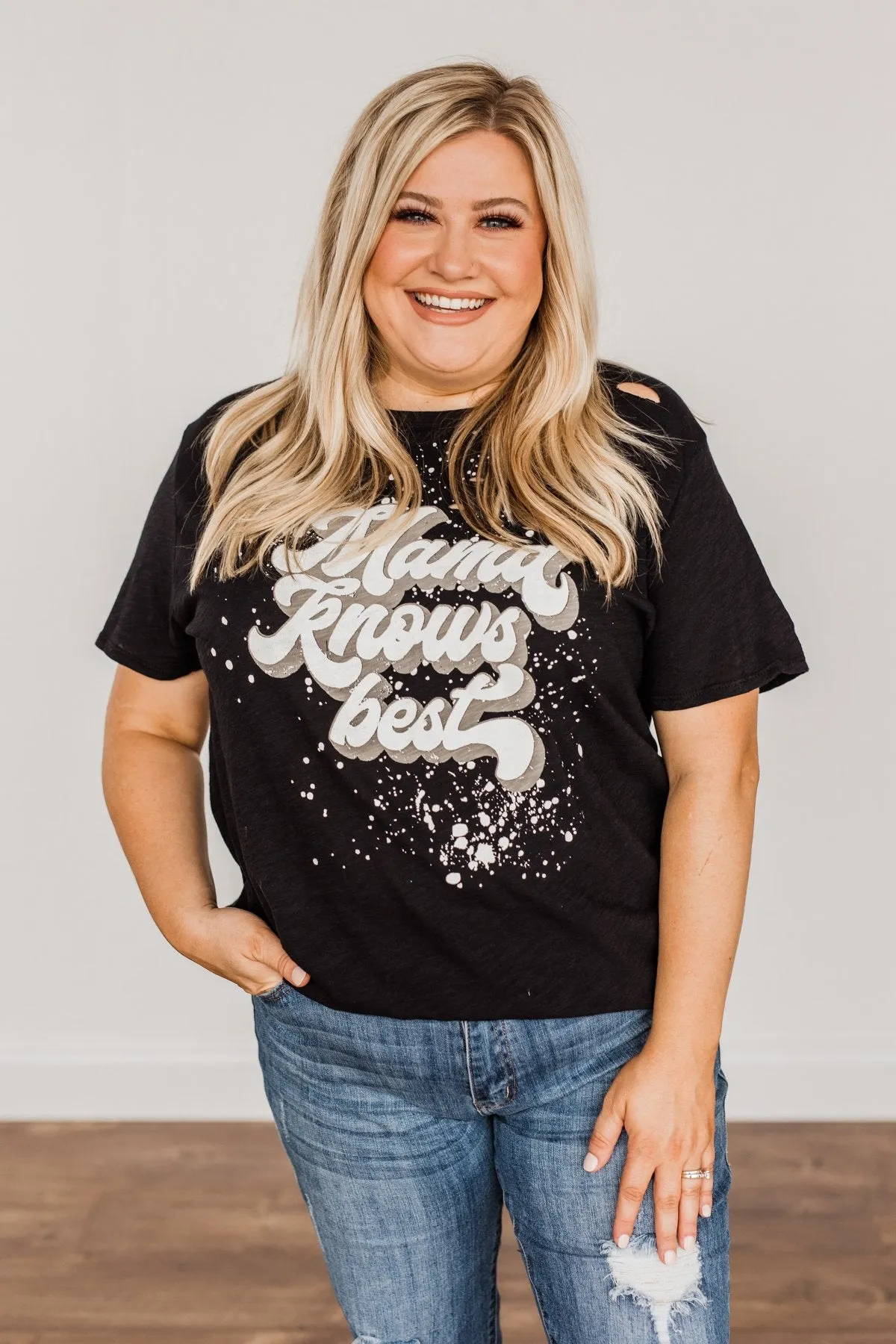 Mama Knows Best Distressed Graphic Tee- Black