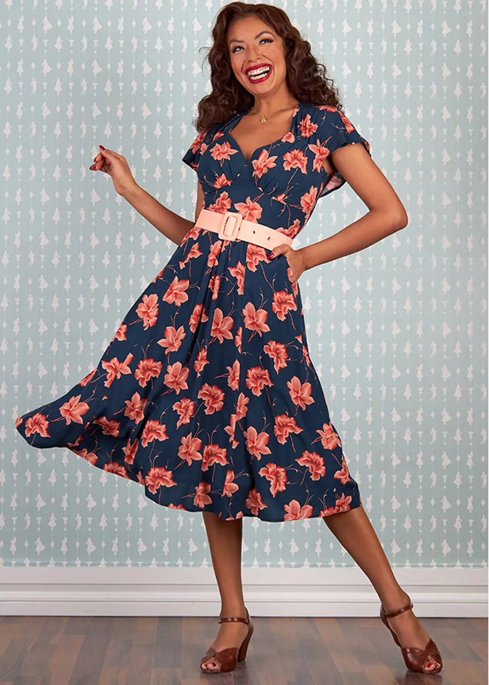 Miss Candyfloss Conchita Lee Floral 40's Swing Dress Navy