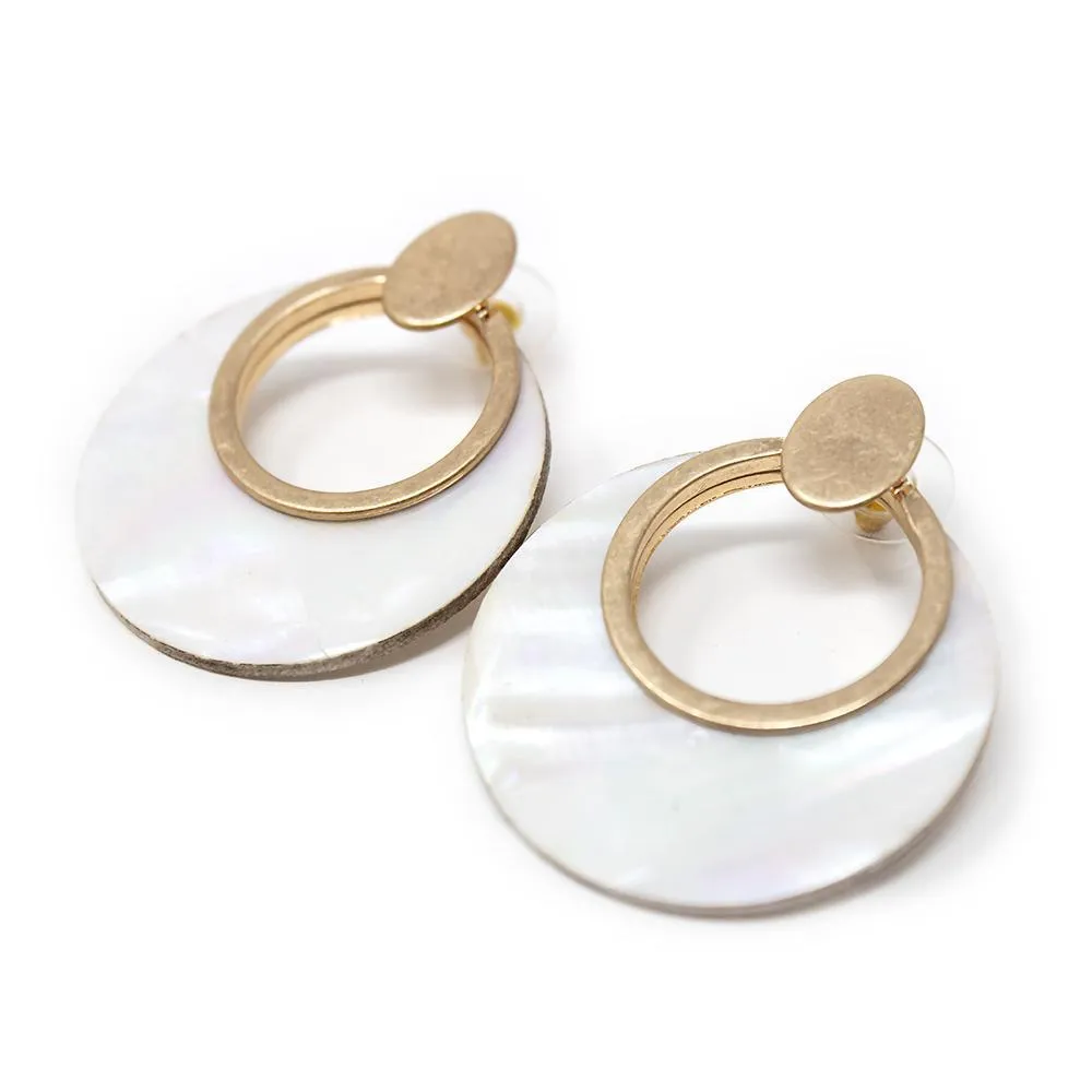 MOP Disc Round Post Earrings Gold Tone