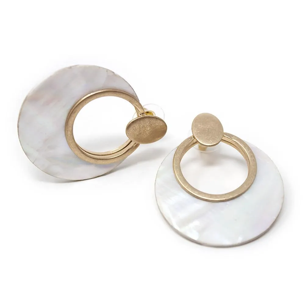 MOP Disc Round Post Earrings Gold Tone