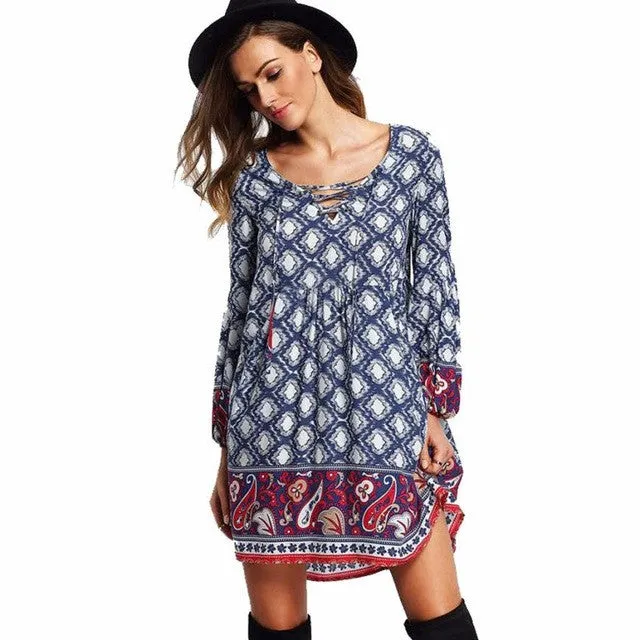 New   Dresses Women Ladies Bohemian Print Long Sleeve Loose Dress National Wind Bandage Beach Dress Female GS