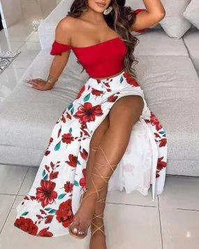 Off Shoulder Crop Top & Slit Maxi Skirt Set - Red Floral