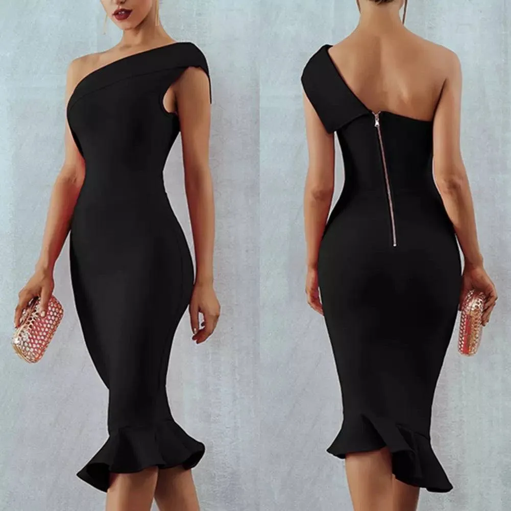 One Shoulder Flared Bandage Dress