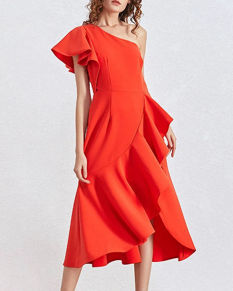 One Shoulder Ruffle Midi Dress