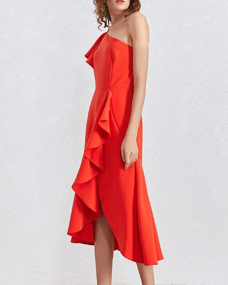 One Shoulder Ruffle Midi Dress