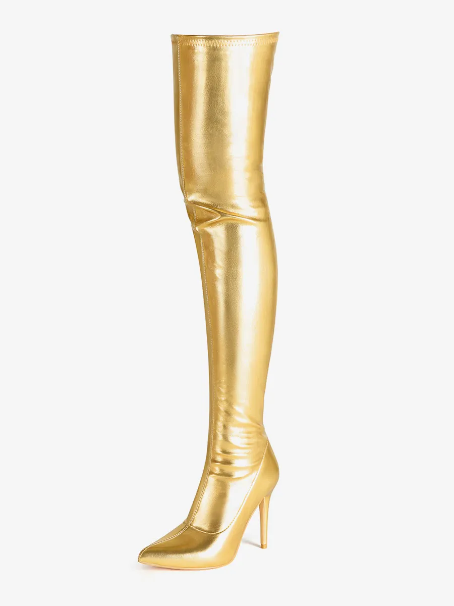 Over The Knee Boots Gold Women's Pointed Toe Elastic Thigh High Boots