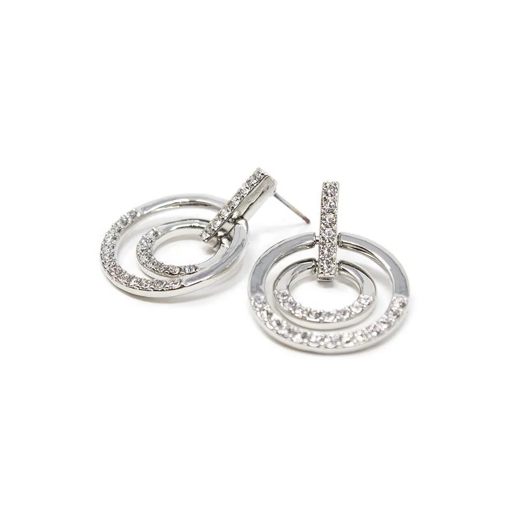 Pave Open Circle Post Earrings Rhodium Plated