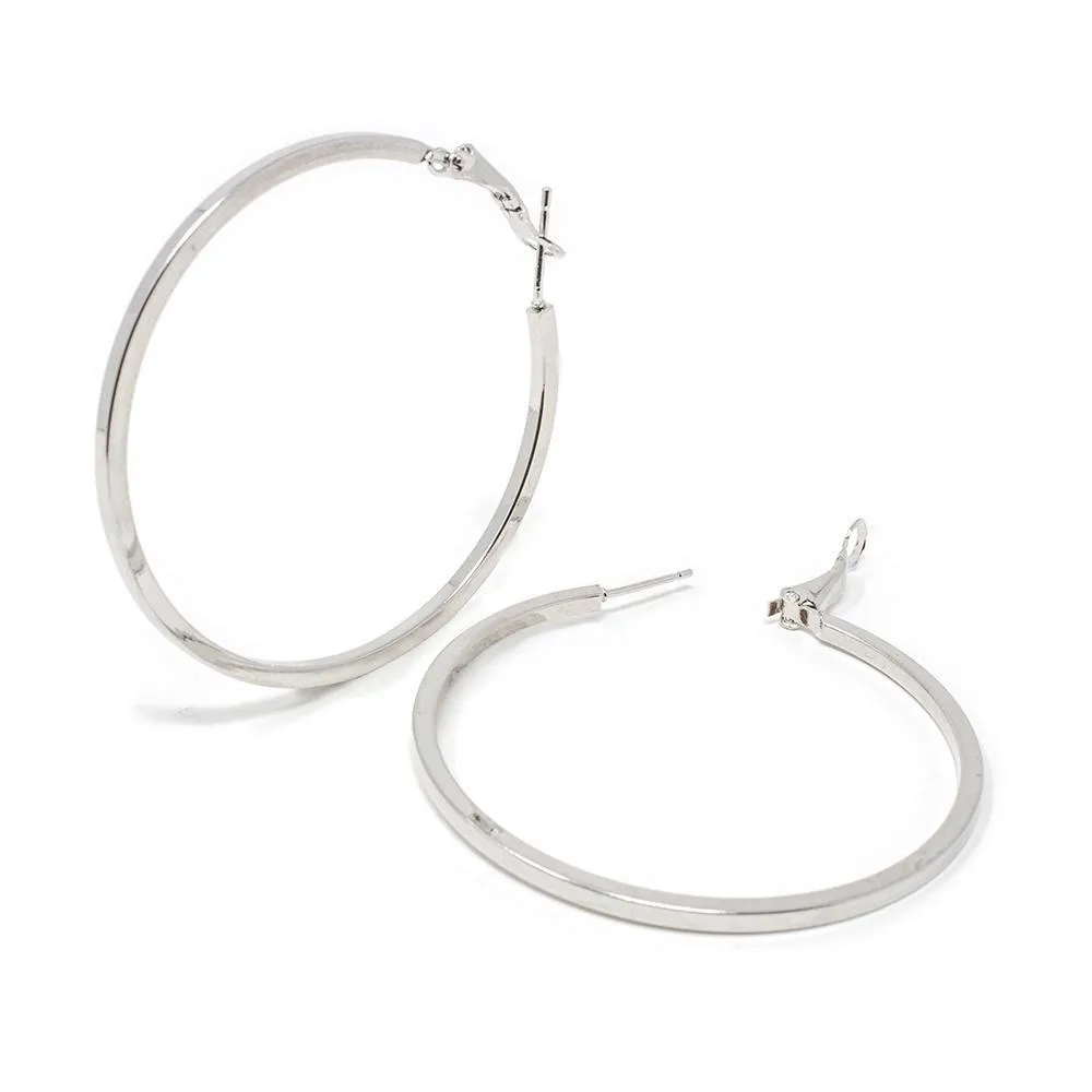 Plain Hoop Earrings 50MM Rhodium Plated