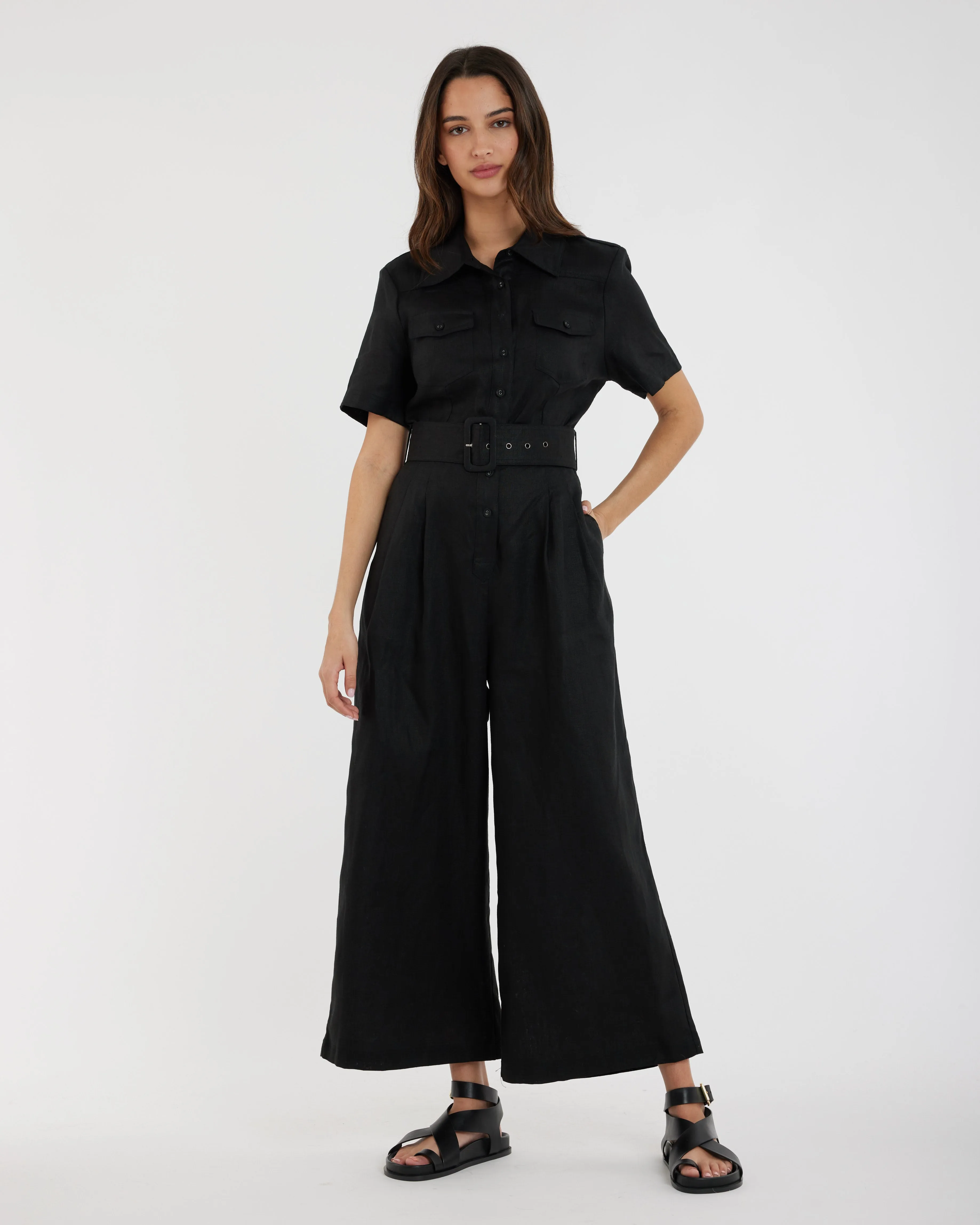 Portsea Linen Jumpsuit - Black