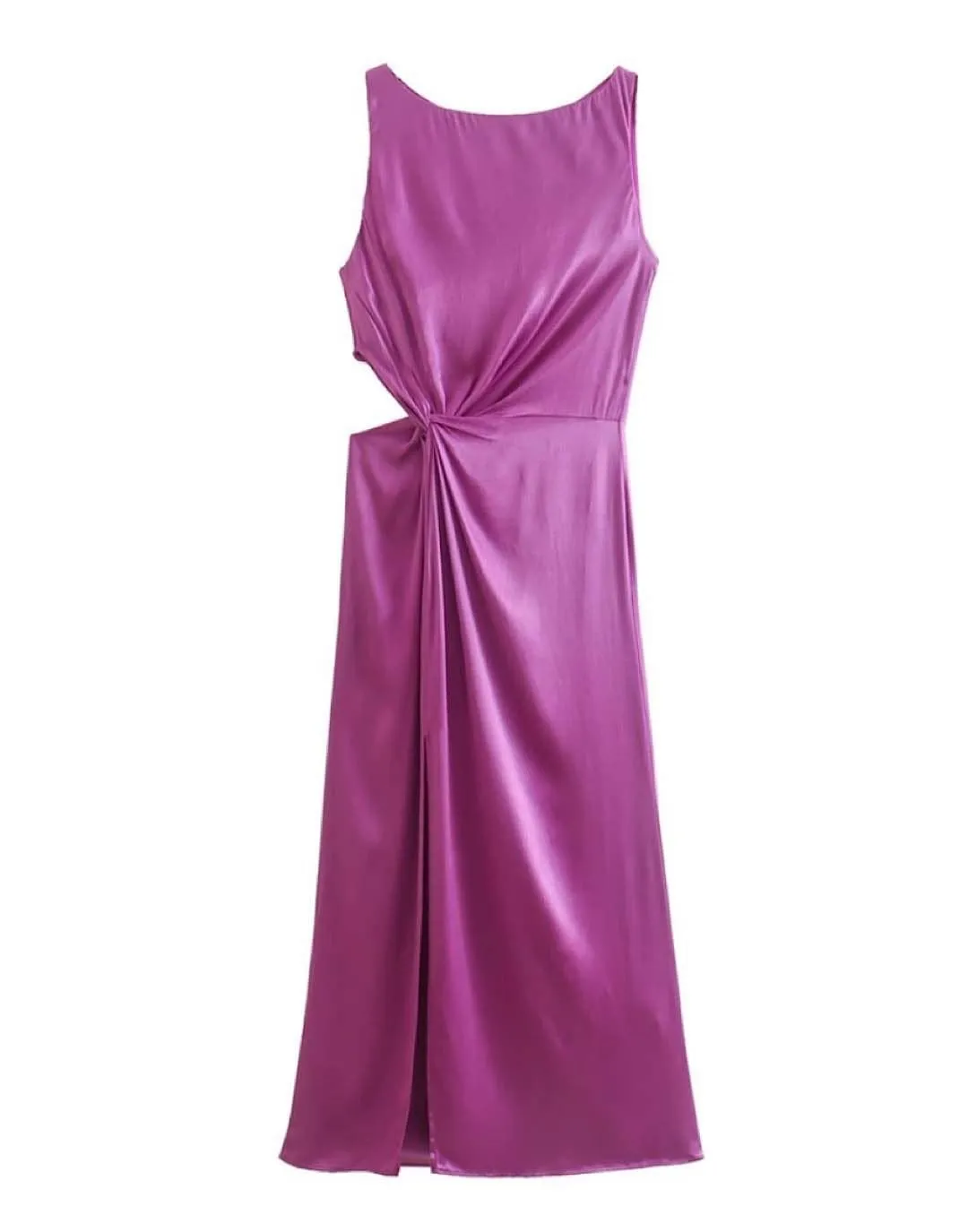 Purple Satin Cut Out Midi Dress