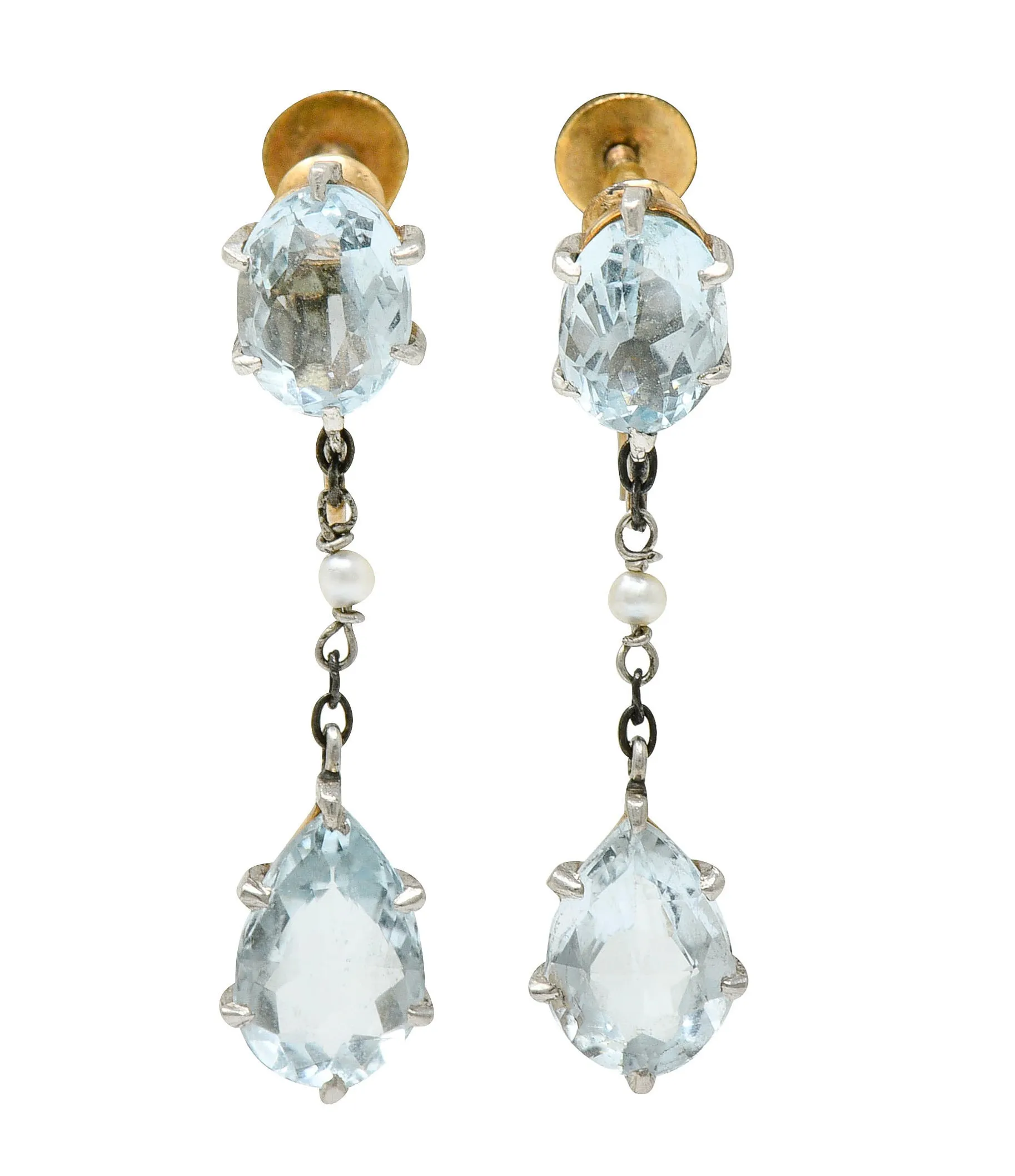 Retro 4.24 CTW Aquamarine Natural Freshwater Pearl Platinum-Topped 14 Karat Gold Screwback Earrings