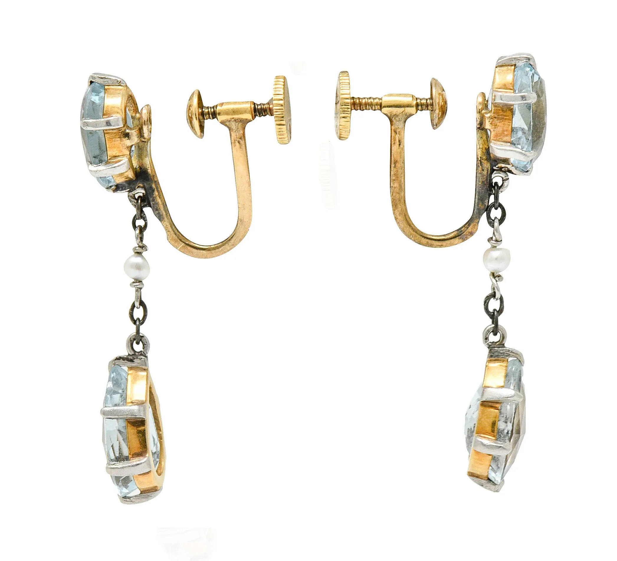 Retro 4.24 CTW Aquamarine Natural Freshwater Pearl Platinum-Topped 14 Karat Gold Screwback Earrings