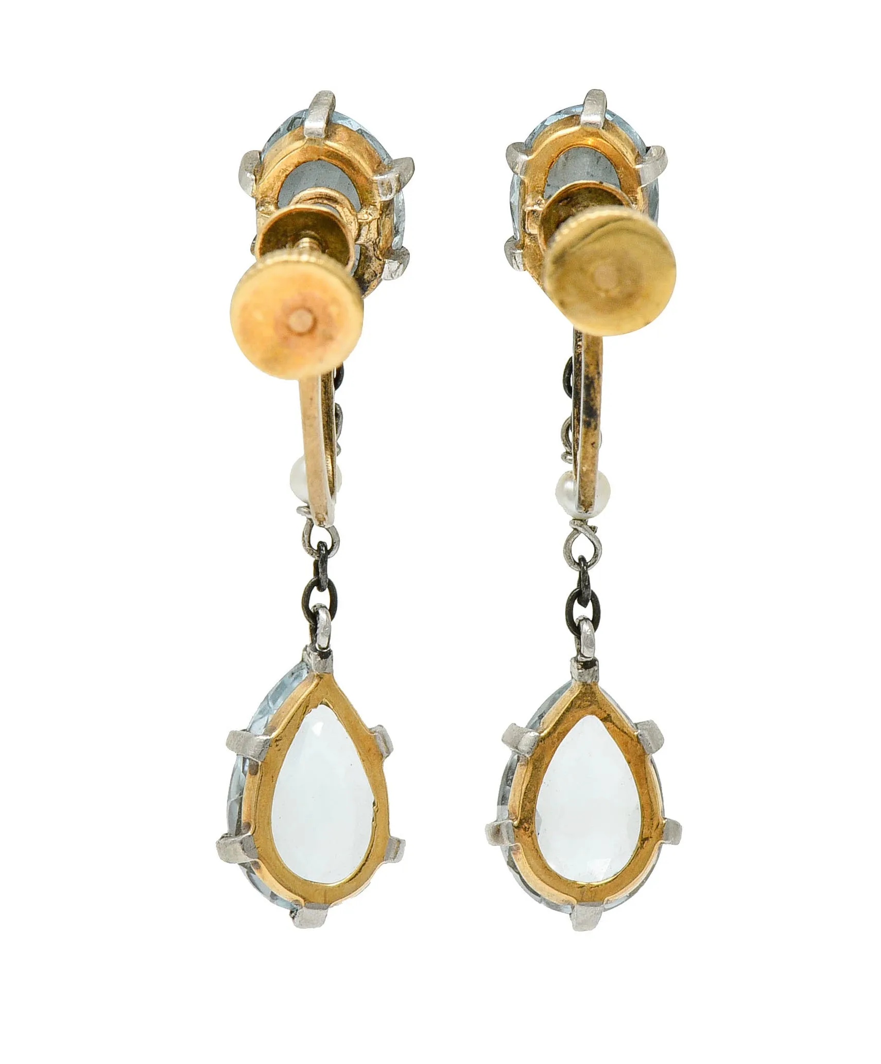 Retro 4.24 CTW Aquamarine Natural Freshwater Pearl Platinum-Topped 14 Karat Gold Screwback Earrings