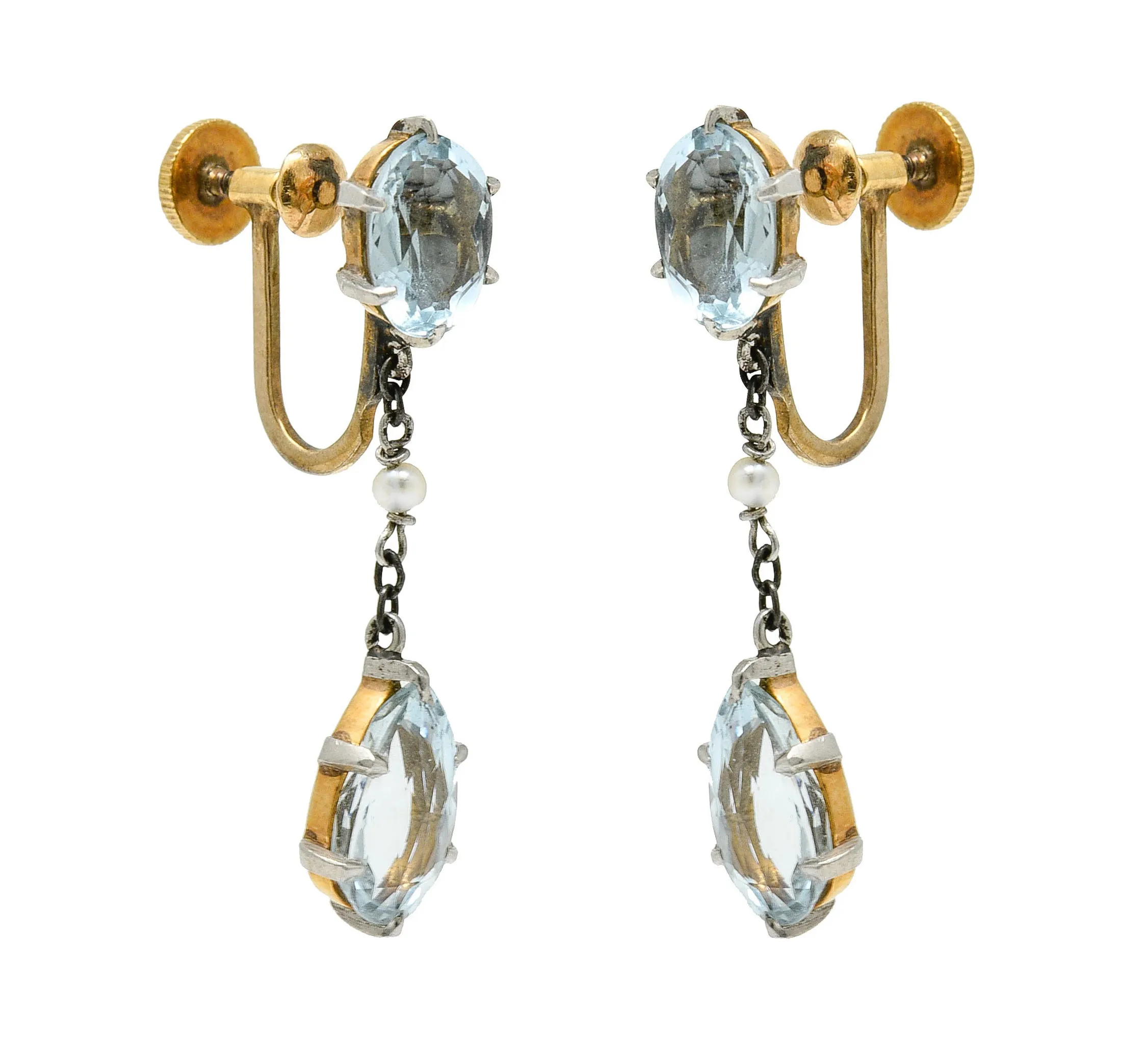 Retro 4.24 CTW Aquamarine Natural Freshwater Pearl Platinum-Topped 14 Karat Gold Screwback Earrings