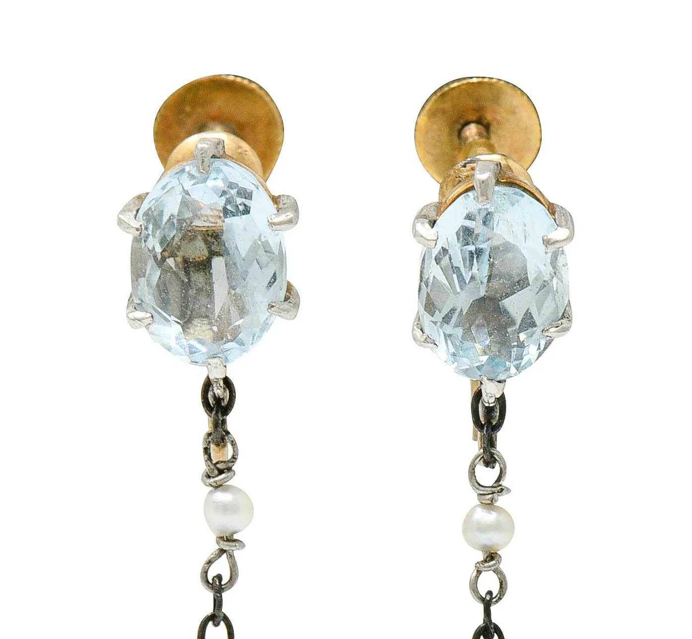 Retro 4.24 CTW Aquamarine Natural Freshwater Pearl Platinum-Topped 14 Karat Gold Screwback Earrings