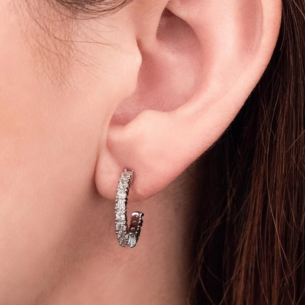 Rhodium Plated Half Hoop Cubic Zirconia Earrings