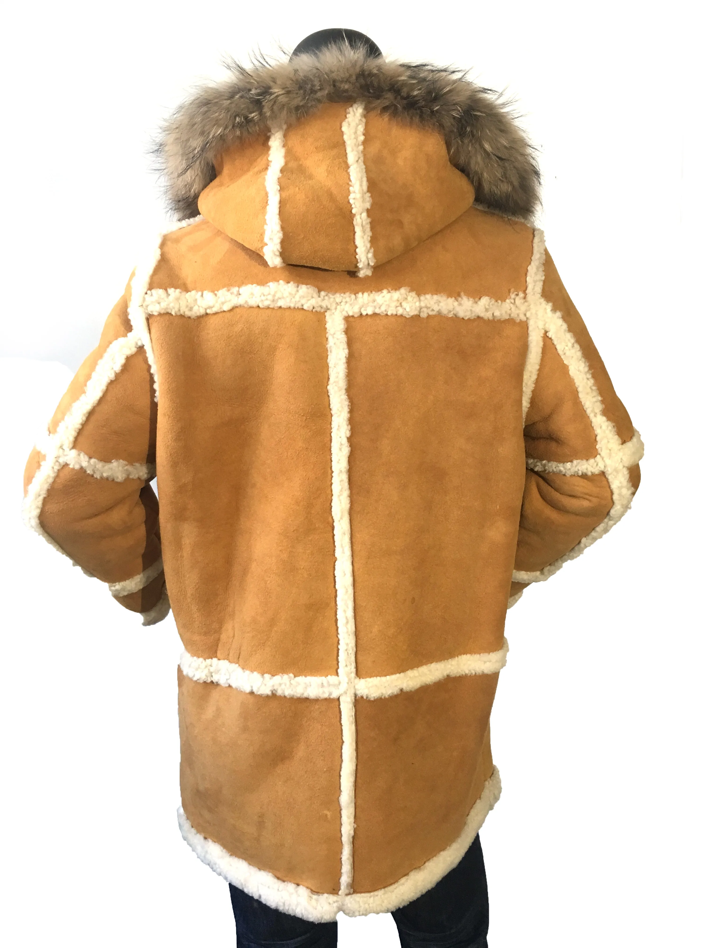 Sheepskin Long Jacket Toggle Closer with Hood and Fur Style #4100