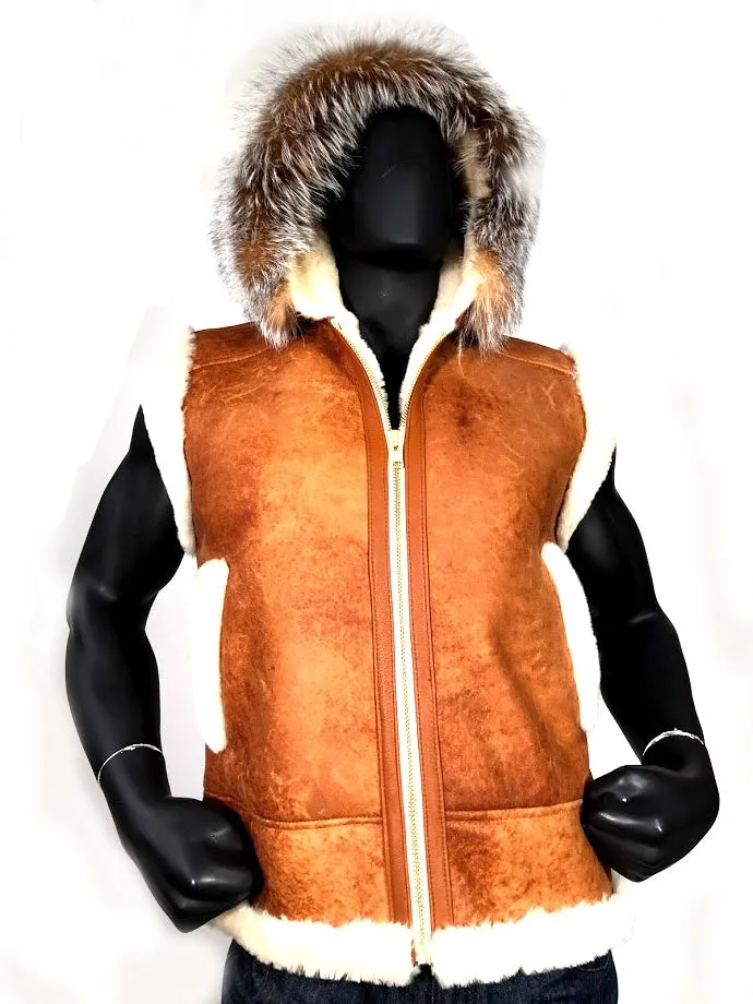 Sheepskin Vest with Fox Trimmed Hood Style #5600H