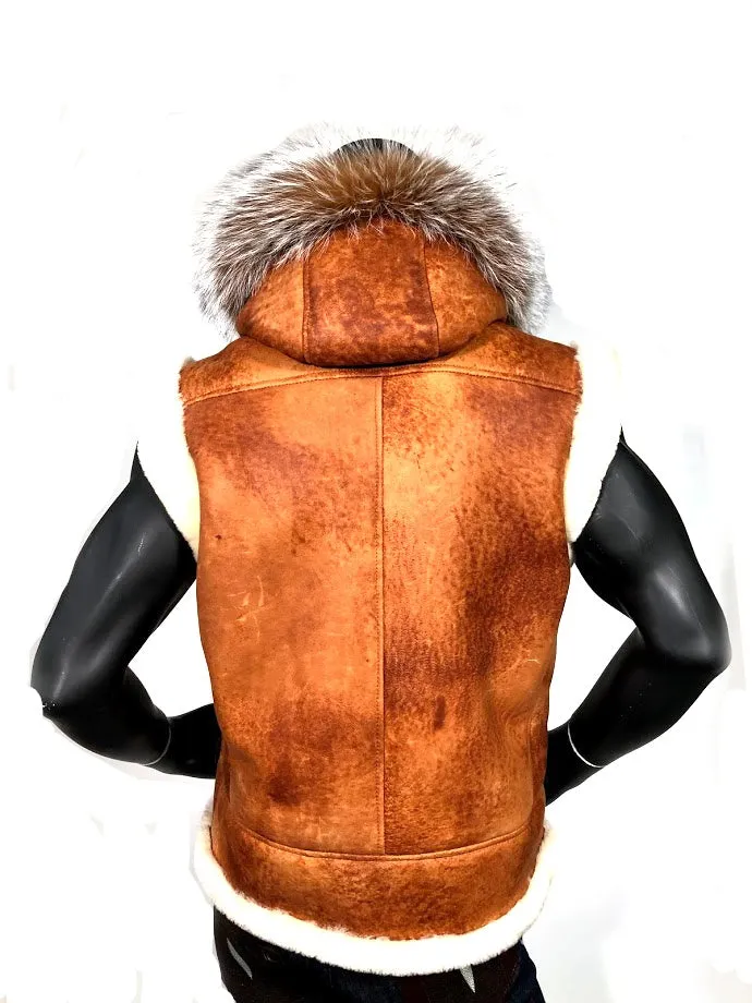 Sheepskin Vest with Fox Trimmed Hood Style #5600H