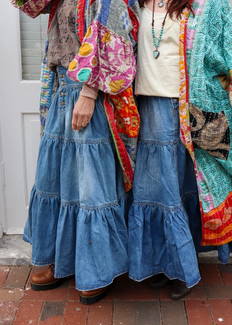 Shelby May 3 Button Tiered Denim Maxi Skirt