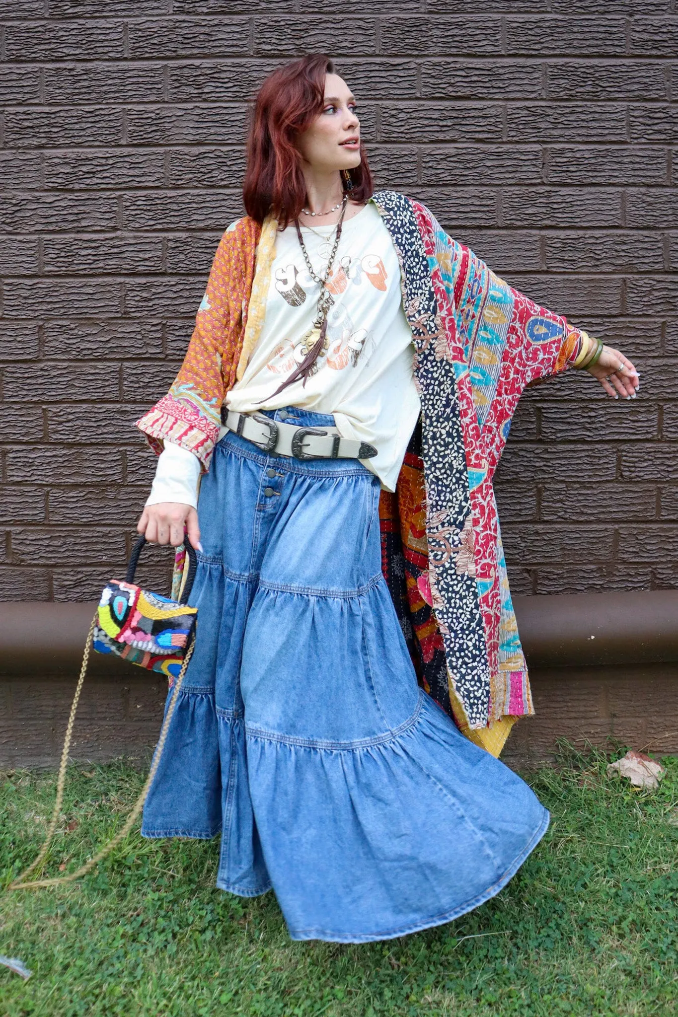 Shelby May 3 Button Tiered Denim Maxi Skirt