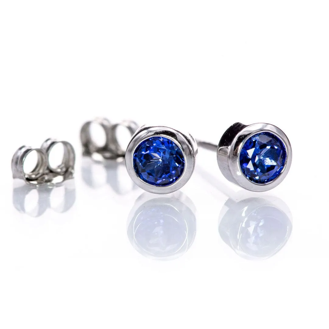 Simple Blue Sapphire Bezel Set Stud Earrings